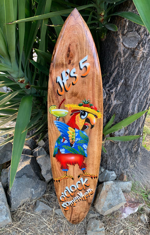 It’s 5 0'clock Somewhere  Tropical Drinking Parrot Airbrushed Surfboard Wall Plaque Mango Wood Tiki Bar  39"x 10"