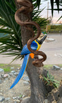 Blue and Yellow Parrot Hand-crafted Wooden hanging Statue 16"in. Head to Tail
