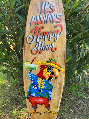 It's Always Happy Hour Drinking Parrot Airbrushed Surfboard Wall Plaque Tiki Bar  39"x 10"