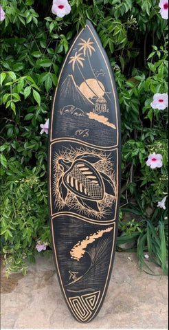 SeaTurtle Surfer Tropical Island Tribal Surfboard Wood Carving Wall Plaque 39"x 10"