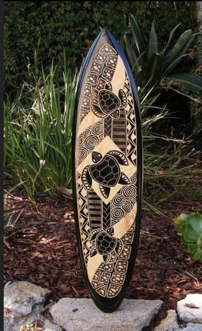 Tribal Swimming Turtles Surfboard Hono Mango Wood Carving Tropical Surfboard Plaque 39"