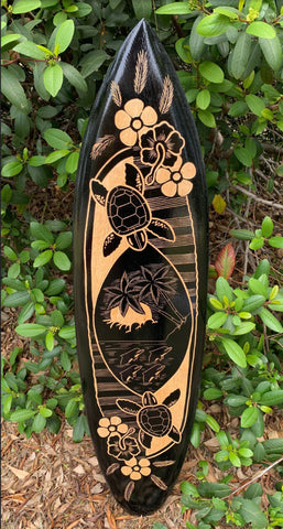 Tribal Turtle Swimming Dolphins Tropical Flowers Wood Carved Surfboard Wall Plaque 39"