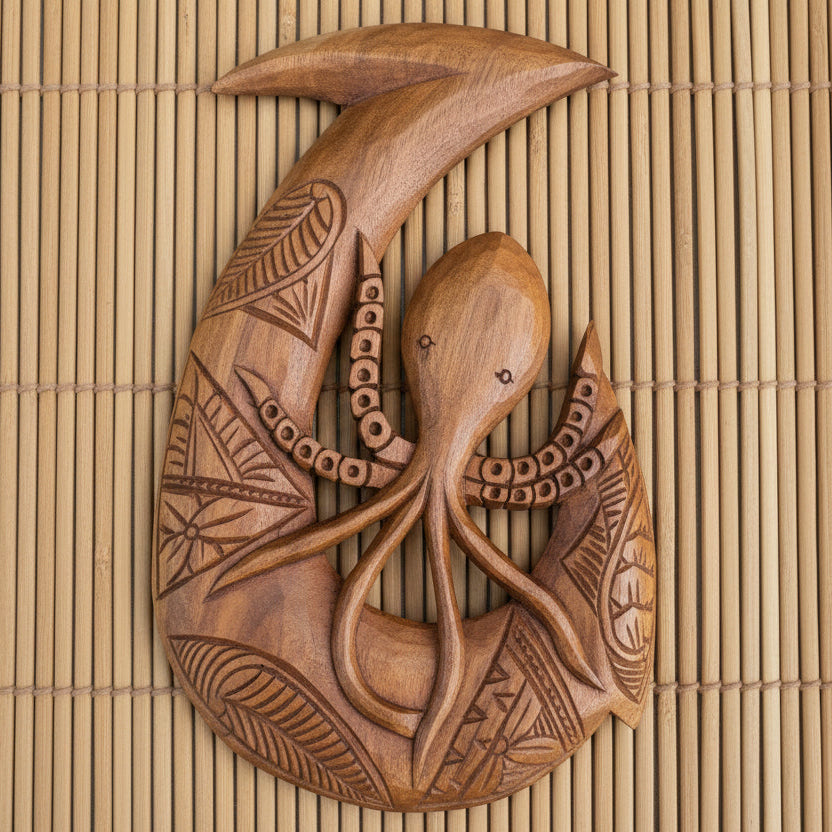 Hawaiian Fish Hook Makau Octopus Hand-Carved Wood Hanging Polynesian Decor 16