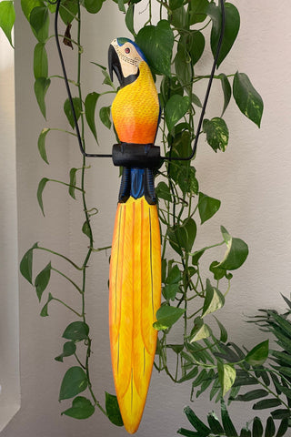 Tropical Blue and Yellow Parrot Hanging Bird Statue Wood Carving 35"x 11" in