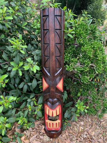Hand Carved Hawaiian Lono Tiki Totem Pole Mask 39"x 6"in