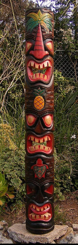 Tiki Totem 3 Face Palm Tree Pineapple Hono Wood Mask Tropical Patio Bar Decor 5' Foot by 7/8 in.”