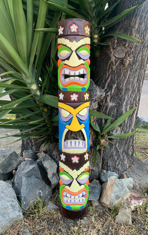 Tiki Totem wood Mask 3 Face Tropical Bar Patio Decor  39"x 6"in