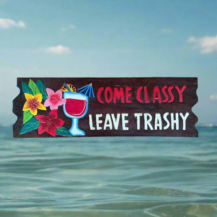 Decorative tiki bar sign with floral and silly drinking saying