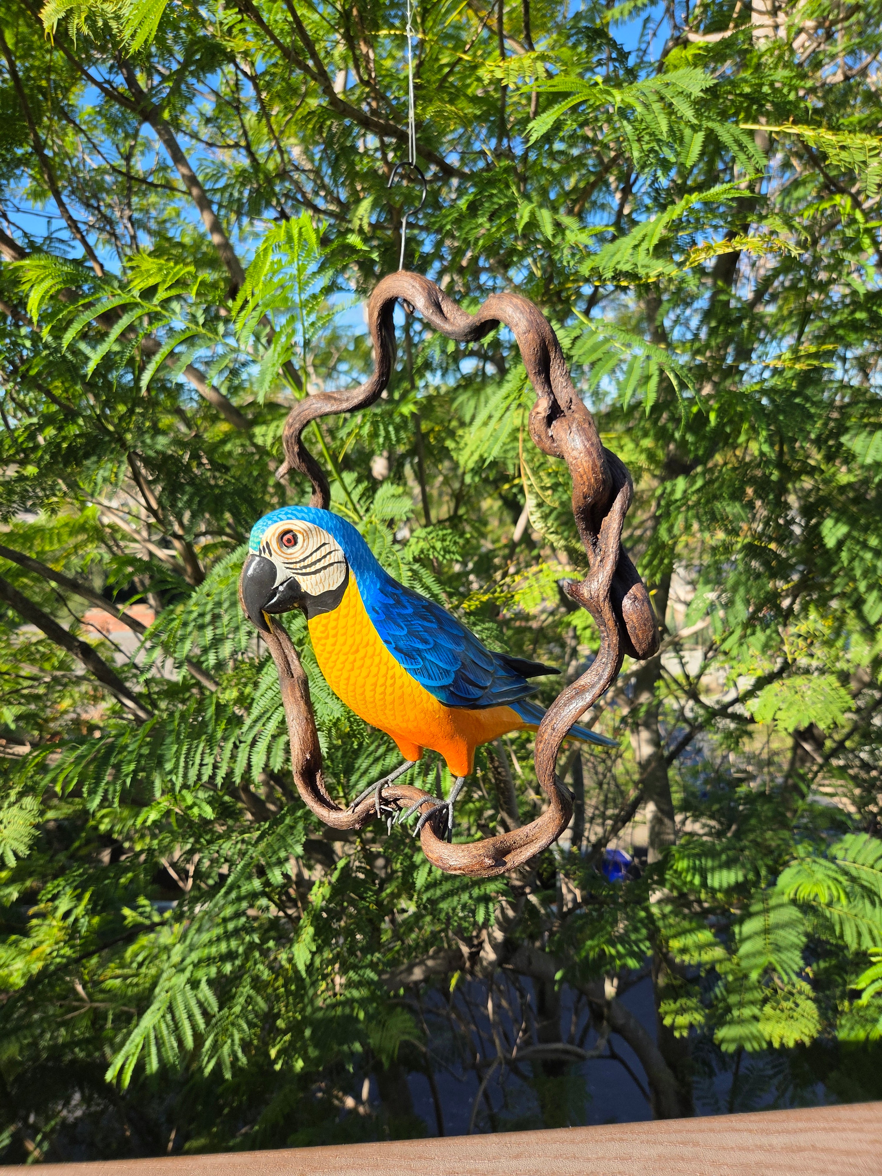 Blue and Yellow Macaw Parrot Hand-crafted Wooden hanging Statue 16" head to tail