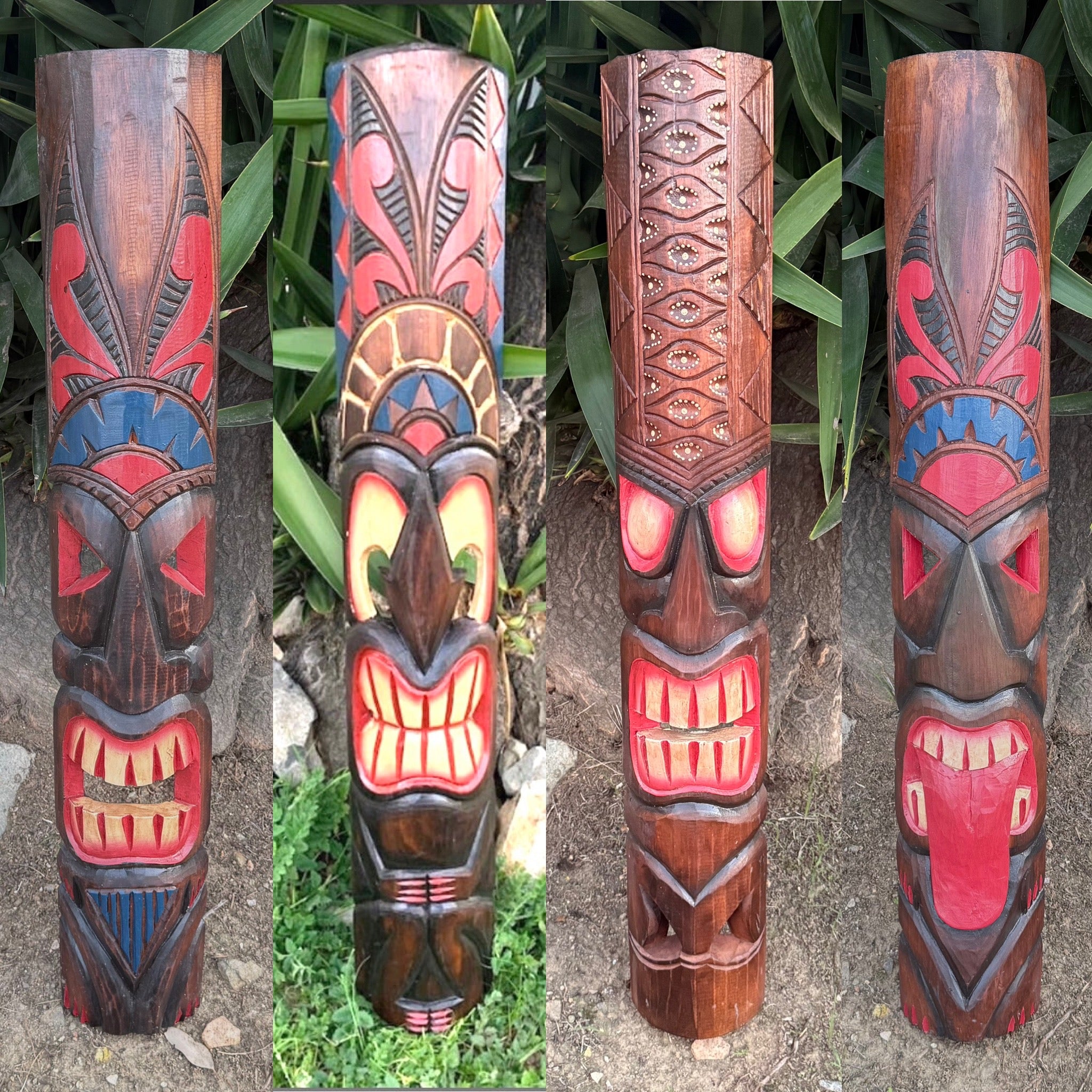 4 Set of Hand Carved Wooden Tiki Totem Masks Tropical Bar Patio Decor ...
