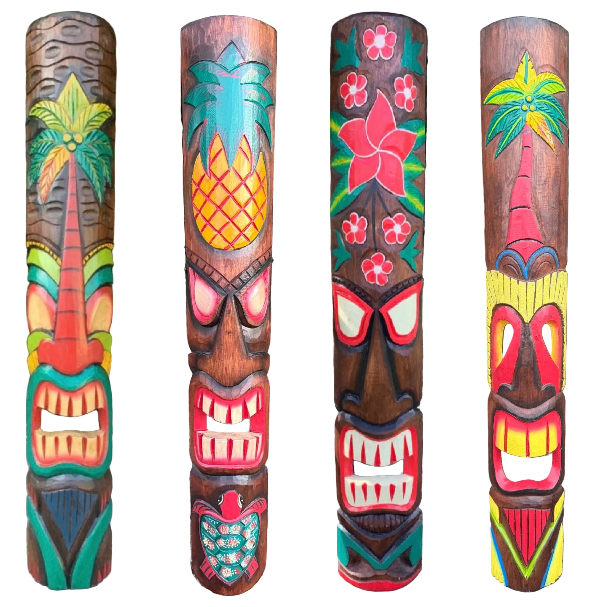 4 Set of Hand Carved Wooden Tiki Totem Masks Tropical Bar Patio Decor ...
