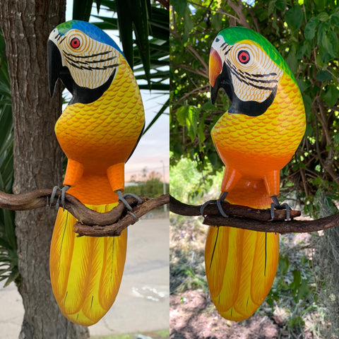 Blue & Green Macaw Parrot Set Wooden hanging Statues 12" head to tail