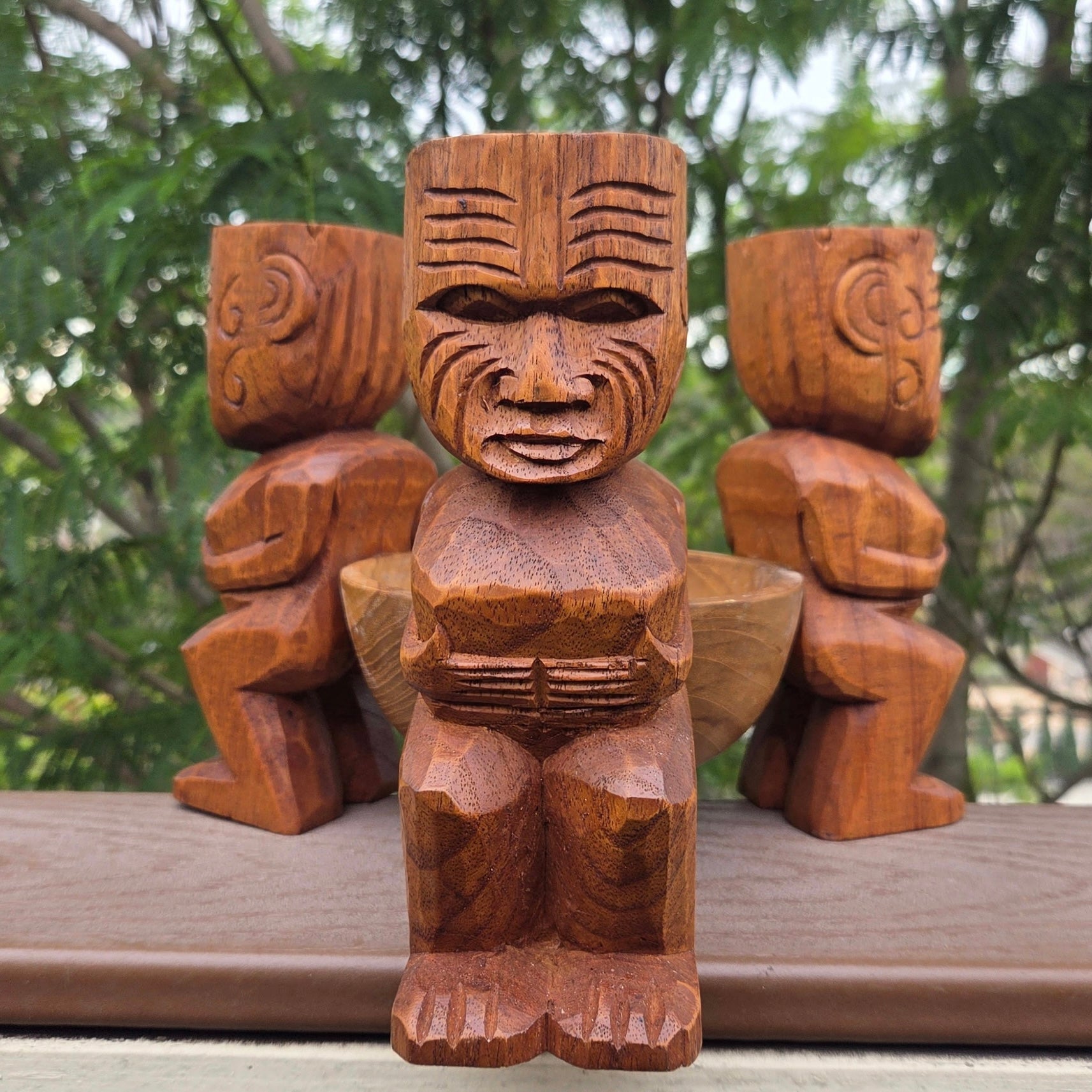 Wooden Maori Tiki Bowl Hand Carved Monkey Pod Wood  9x9x8 in
