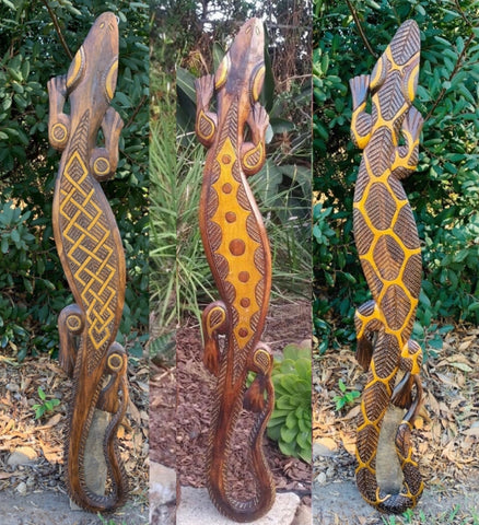 Set of 3 Tribal Gecko Wood Carvings Wall Plaques 39"x 6" inches