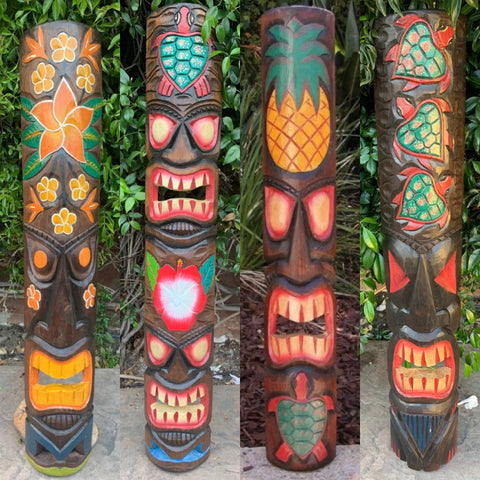 4 Set of Hand Carved Wooden Tiki Totem Masks Tropical Bar Patio Decor 39"x 6"