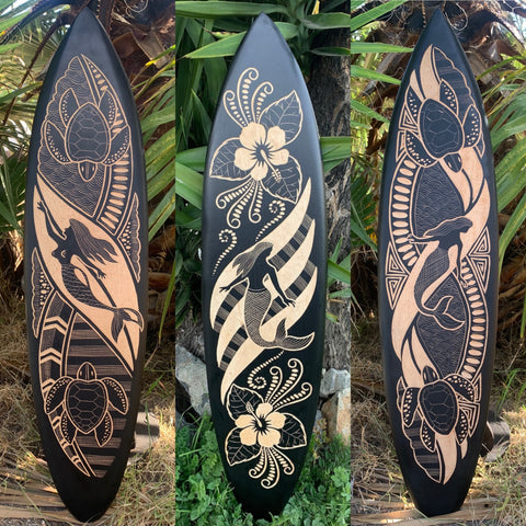 3 Set of Mermaid, Tribal Sea Turtle, Hibiscus Decorative Surfboard Wall Plaques