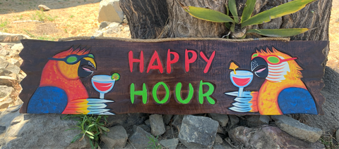 Happy Hour Tiki Bar Sign Tropical Drinking Parrots Wood Carved Bar Decor  39”x 9” inches