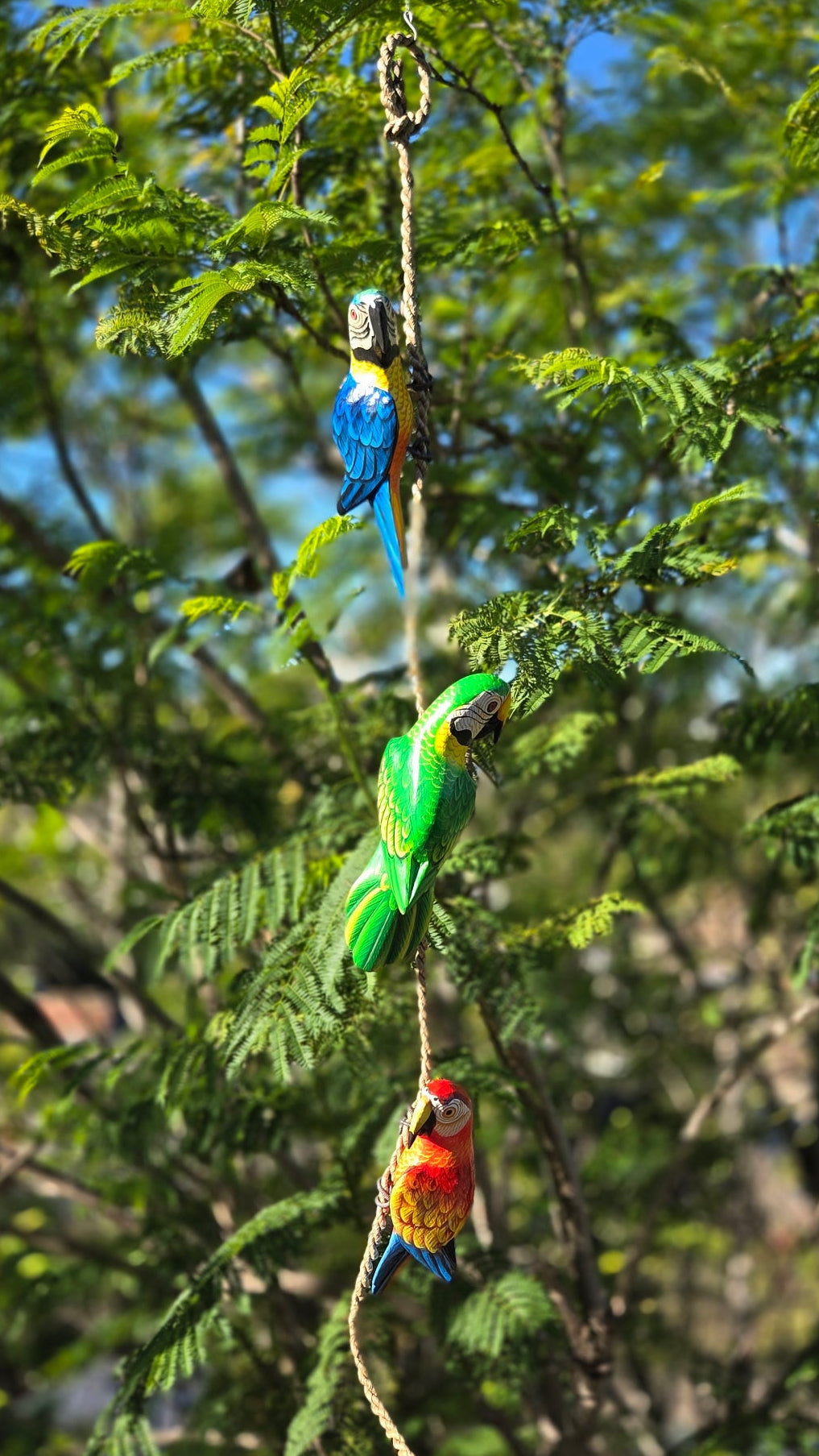 Colorful parrot figurines hanging from a rope against a green leafy background