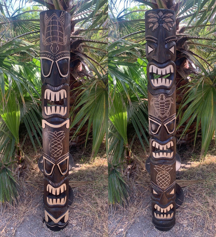 5 Foot Set of Hand Carved Wooden Tiki Totem Masks Tropical Bar Patio Decor 60"x 7"in