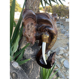 16”Wooden Hand Carved brown Elephant Head Wall Statue Sculpture Hanging Decor