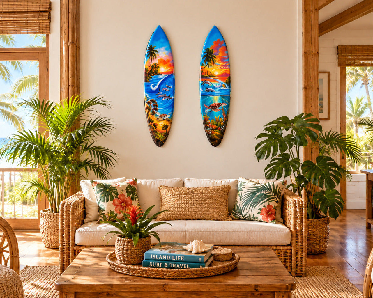 Sea Turtle Ocean Dolphin Wooden Decorative Surfboard Set of 2 Wall Decor, Hand-Made, 39" x 10"