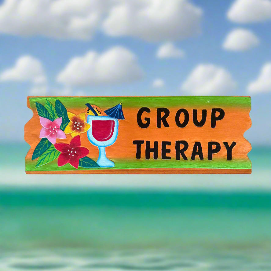 Wooden tiki bar sign with 'Group Therapy' and wine glass.