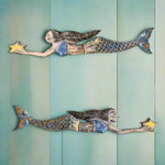 Set of Blue Mermaid Wood Carvings Nautical Tiki Bar Decor 39x 6 inches