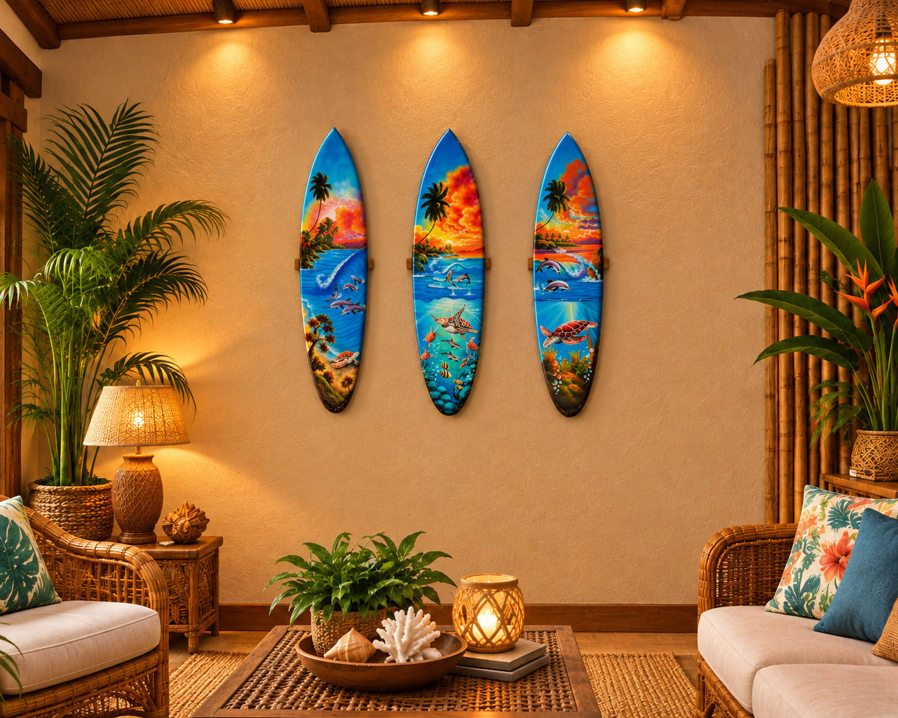 3 Set of Decorative Sea Turtle Surfboard wall Plaques 39"x 10"