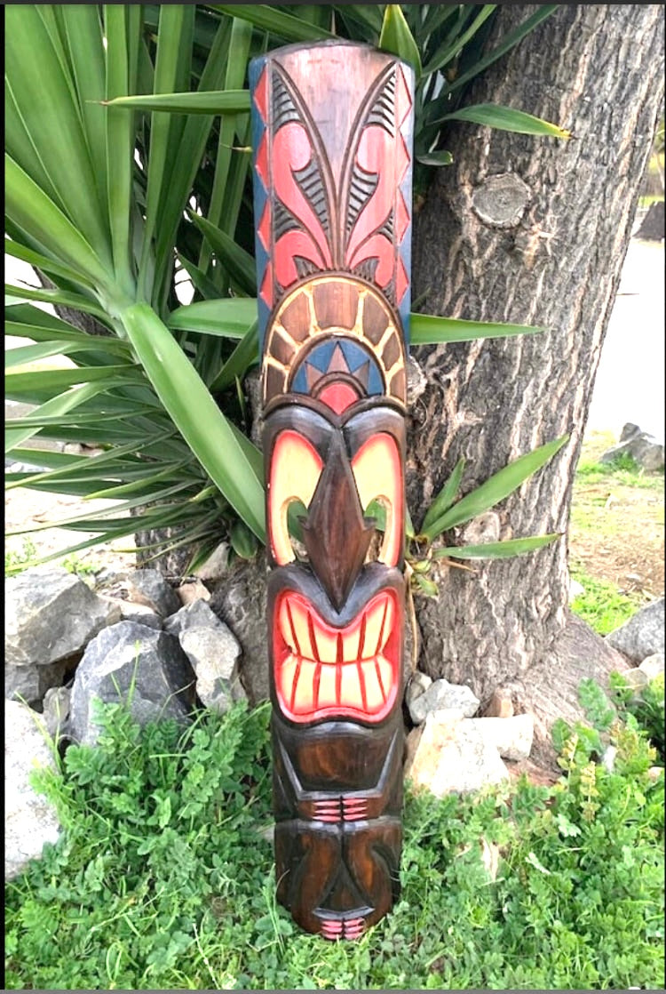4 Set of Hand Carved Wooden Tiki Totem Masks Tropical Bar Patio Decor 39"x 6"