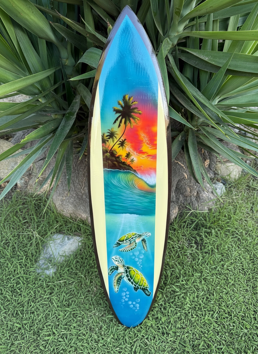 2 Set Of Tropical Ocean Sea Turtle & Sunset Airbrushed Decorative Surfboard Plaque 39"x10"