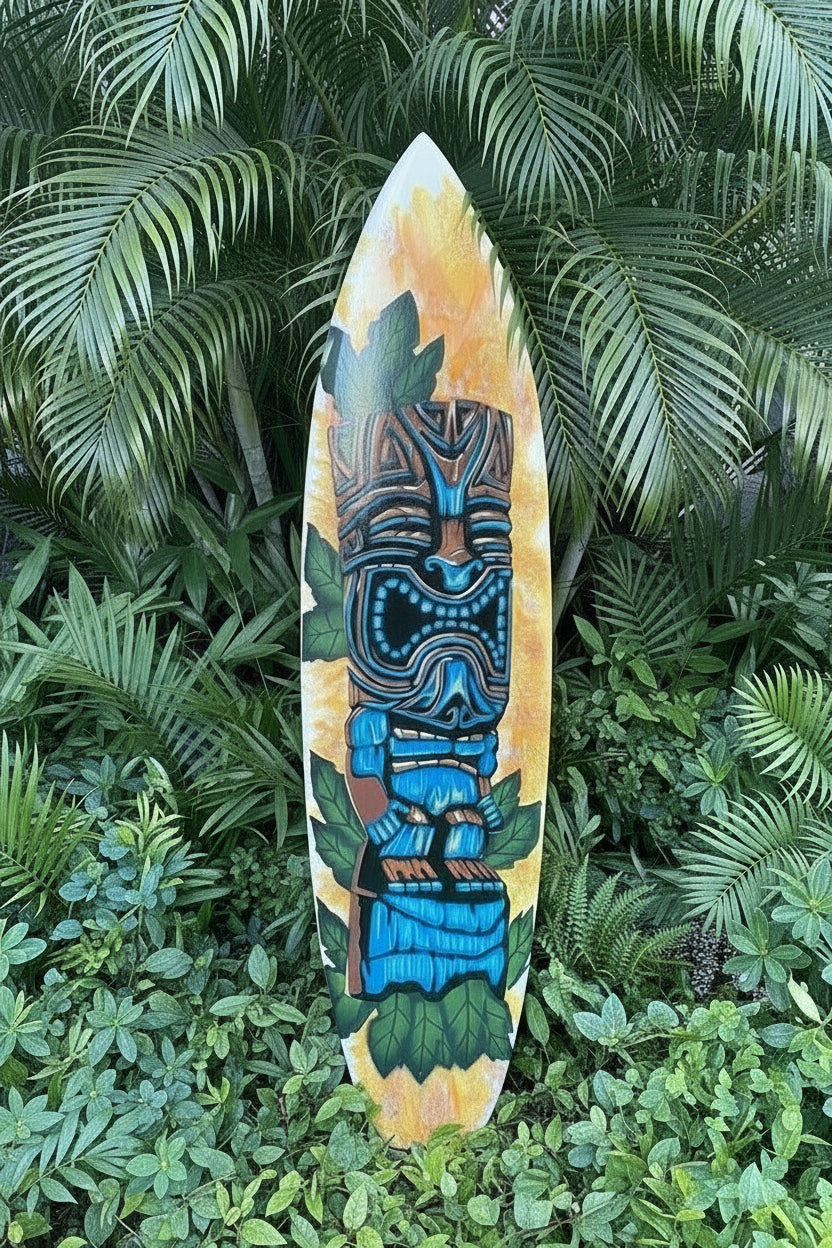 Set Of Tiki Statue Tropical Airbrushed Mango Wood Decorative Surfboard Plaque 39"