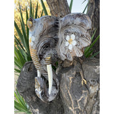 Elephant Sculpture Wall Plaque Hand Carved White Wash With flowers. 16x 15 Inch