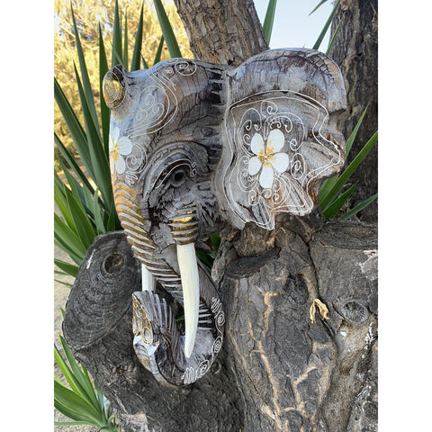 Elephant Sculpture Wall Plaque Hand Carved White Wash With flowers. 16x 15 Inch