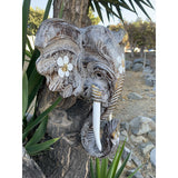 Elephant Sculpture Wall Plaque Hand Carved White Wash With flowers. 16x 15 Inch