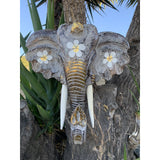 Elephant Sculpture Wall Plaque Hand Carved White Wash With flowers. 16x 15 Inch