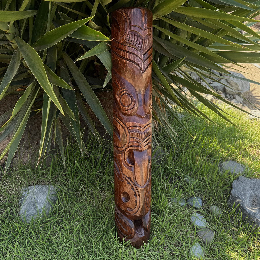 Māori Inspired Tribal Tiki Wood Carving Half Statue Wall Plaque Tropical Bar Patio Decor 39"x 7"
