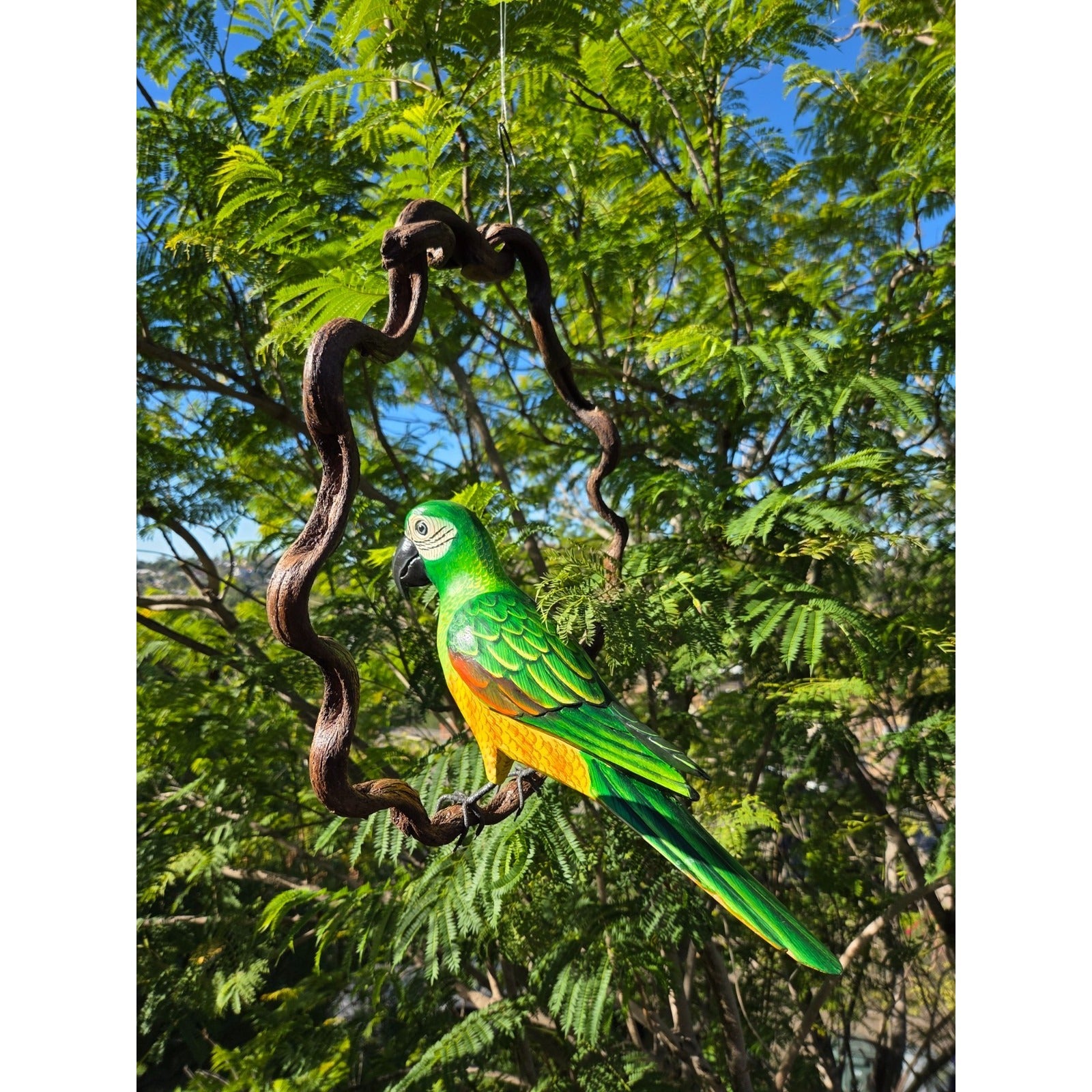Hand Painted Wooden Tropical Parrot on Wood Vine. 
