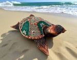 Hand Carved Wood Turtle Sand Seashells Nautical Tropical Island Sculpture 16"x 10"