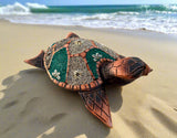 Hand Carved Wood Turtle Sand Seashells Nautical Tropical Island Sculpture 16"x 10"