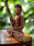 Meditating Buddha Statue Mahogany Wood Buddhist Decor 16 x 12 x 6 inches