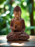 Meditating Buddha Statue Mahogany Wood Buddhist Decor 16 x 12 x 6 inches