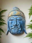 16” Wooden Blue Buddha Wall Mask Hand Carved Wall Decor