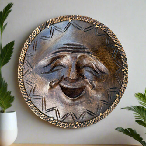 Happy Moon Wall Decor Hand Carved Monkey Pod 12 inches