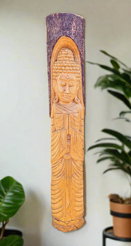 Meditating Buddha Statue Hand Carved Sculpture Pine Wood 33" x 6"