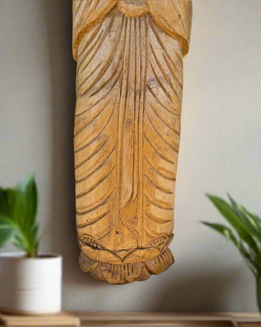 Meditating Buddha Statue Hand Carved Sculpture Pine Wood 33" x 5 1/2"