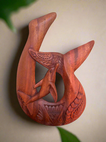 16" Hawaiian Fish Hook Hand Carved Wood Hanging Polynesian Decor