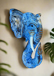 12” Wooden Hand Carved Blue Elephant Head Wall Statue Sculpture Hanging Decor