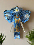 12” Wooden Hand Carved Blue Elephant Head Wall Statue Sculpture Hanging Decor