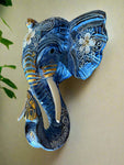 12” Wooden Hand Carved Blue Elephant Head Wall Statue Sculpture Hanging Decor