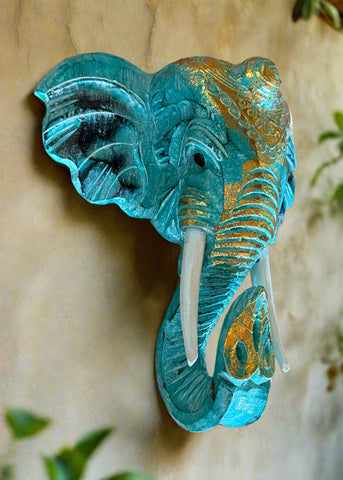 12” Wooden Hand Carved Teal Elephant Head Wall Statue Sculpture Hanging Decor